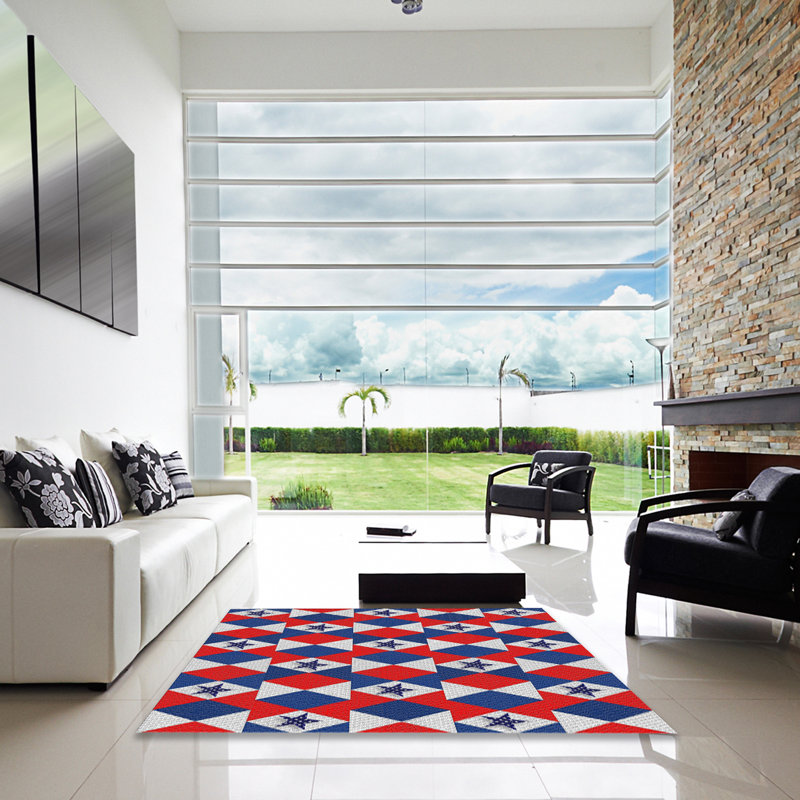 Tapis rouge/bleu tissé à la machine, Carré 3 pi