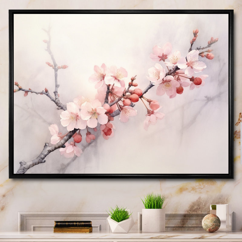 Minimalist Pink Cherry Blossoms II sur impression sur toile, Cadre flottant noir, H 24 po x l 32 po x P 1 po