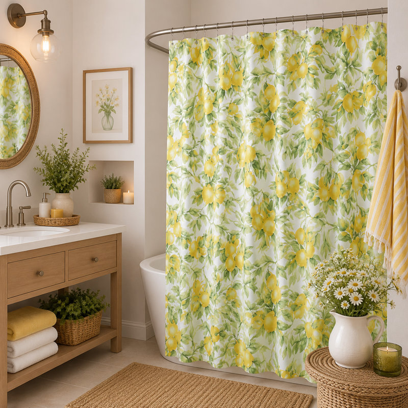 Rideau de douche Lemon Botanical - Rideau de salle de bain à motif floral et fruits