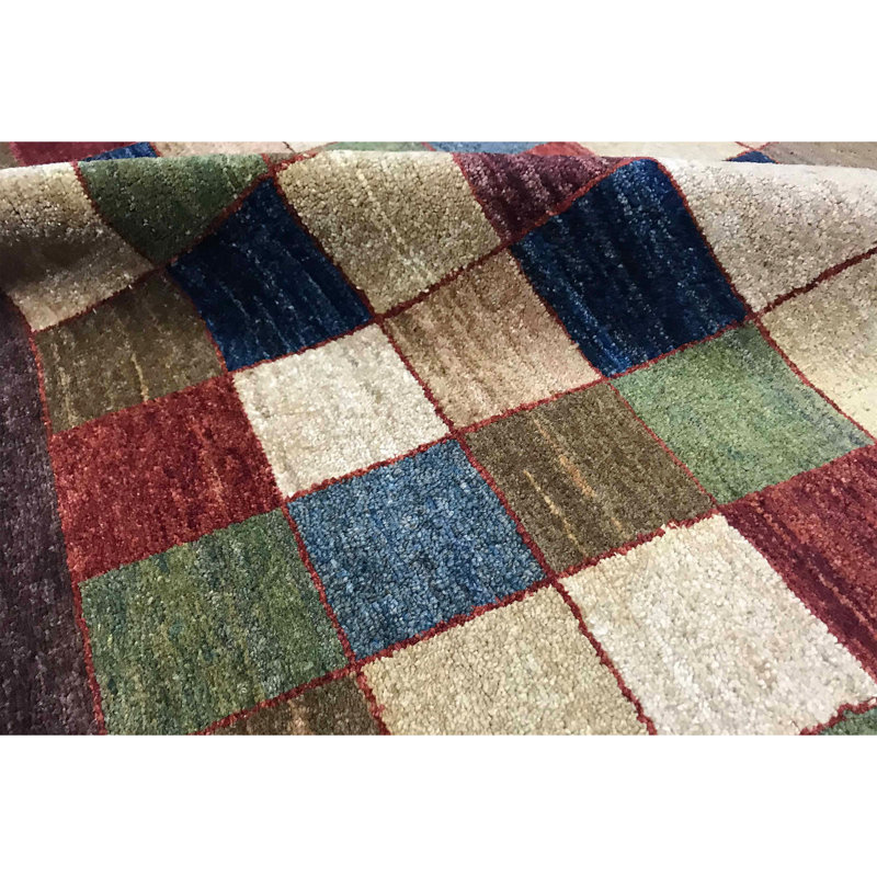 Tapis bleu, brun et crème noué à la main de haute qualité