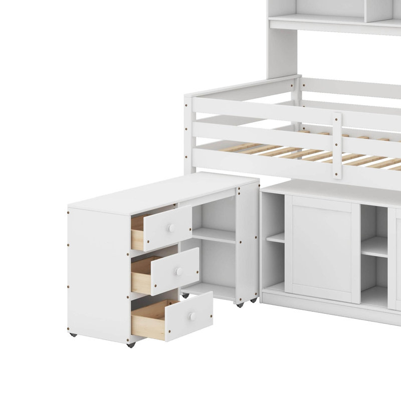 Lit mezzanine simple en bois avec tiroirs et tablettes, Gris