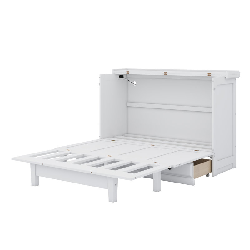 Lit escamotable en bois avec station de charge et grand tiroir de rangement, Grand, Blanc