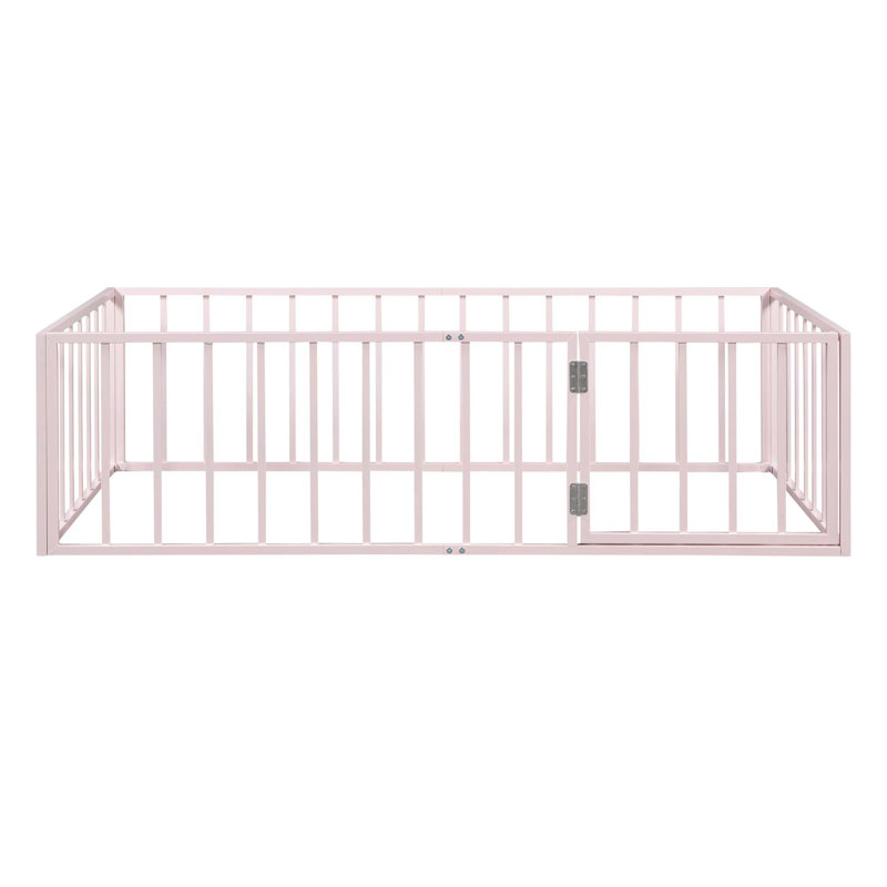 Metal Floor Bed Frame With Fence And Door, Twin, Pink