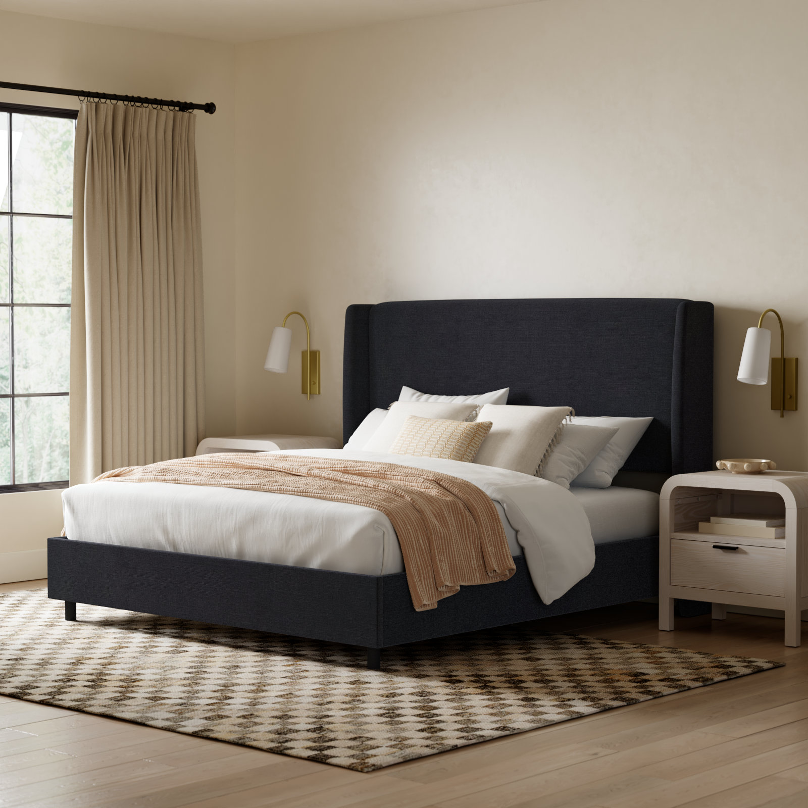 Tilly Upholstered Wingback Bed, King, Classic Black Linen