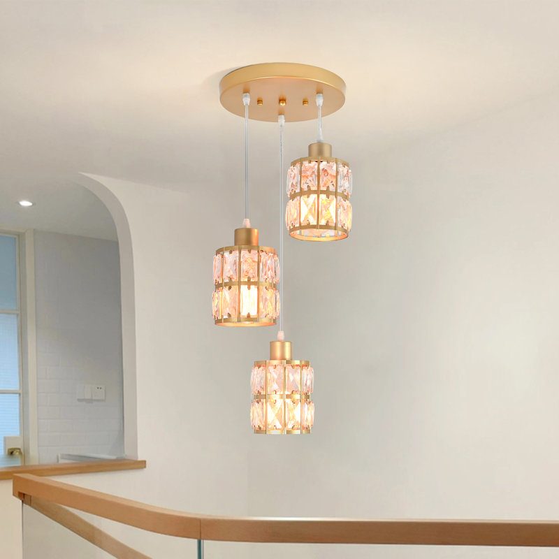 3 Light Farmhouse Pendant Light Adjustable Ceiling Hanging Lighting Fixture With K9 Crystals, Gold