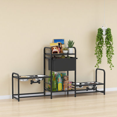 3 Height Adjustable Dog Bowl Stand with 2 Feeding Stations, Toy Bin Basket