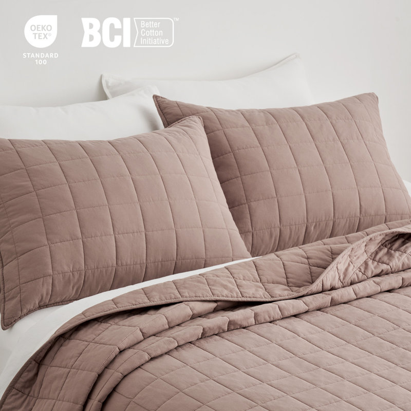 100% Cotton Box Stitch Quilt Set, Queen Quilt + 2 Queen Shams, Terracotta Clay