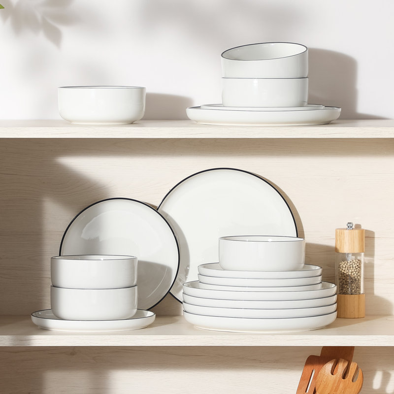  Service de table en porcelaine 18 pièces - Service pour 6, Blanc / Bordure noire