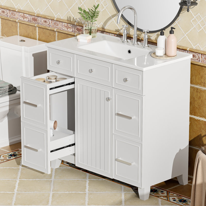 36" Bathroom Vanity with Ceramic Sink, Solid Wood Frame with Soft Close Doors and Adjustable Shelves, White, White