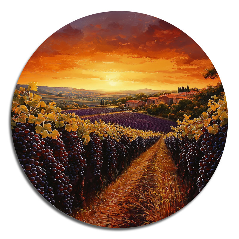Coucher de soleil sur un vignoble californien II - décoration murale ronde en métal Vineyard, H 16 po x l 16 po