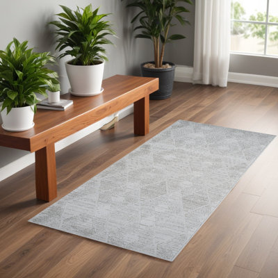 Tapis délavé géométrique gris et ivoire 2 pi x 5 pi
