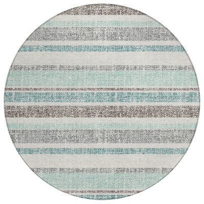 8' Teal Blue And Gray Round Striped Washable Indoor Outdoor Area Rug