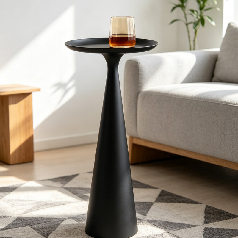 Table à boissons ronde en acier de 24 po de hauteur avec base fuselée, table d'appoint minimaliste moderne pour le salon et la chambre à coucher - Finition noire
