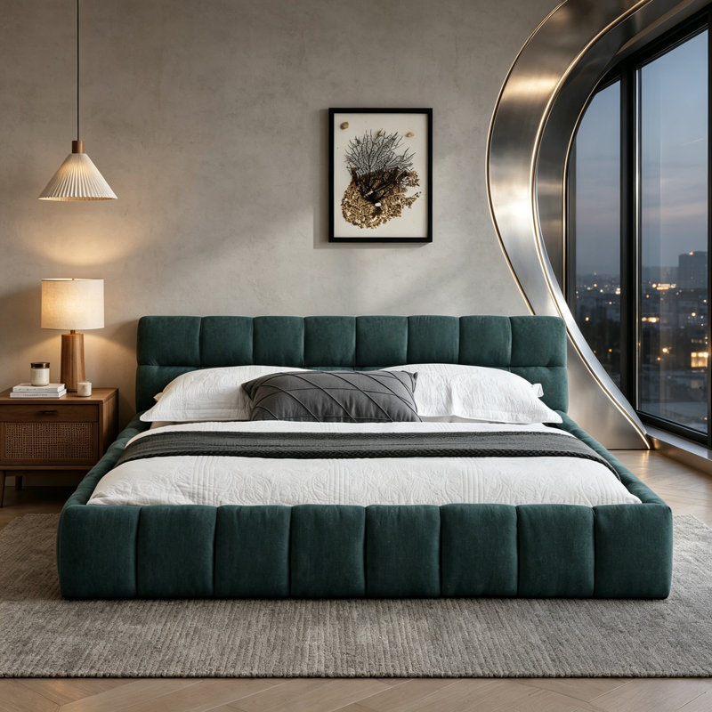 Cadre de lit rembourré Queen Size avec tissu chenille épais, soutien solide et tête de lit élégante, aucun sommier requis