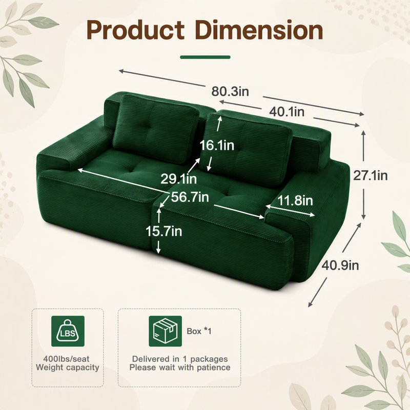 Ensemble de canapé modulaire à assise profonde avec une combinaison deux places + trois places, fabriqué en tissu de velours côtelé, passepoil perlé, conception touffetée, sans assemblage, conception antidérapante, vert