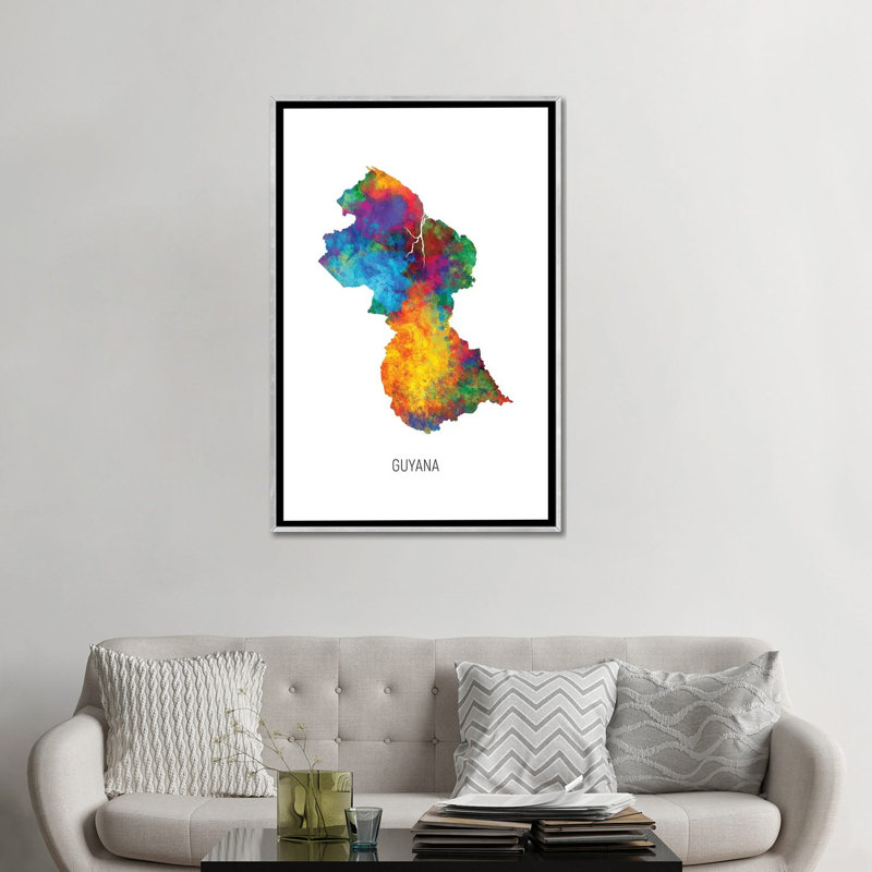 " Guyana Map " by Michael Tompsett, Silver Framed Canvas, No Mat, 48" H x 32" W x 1.5" D