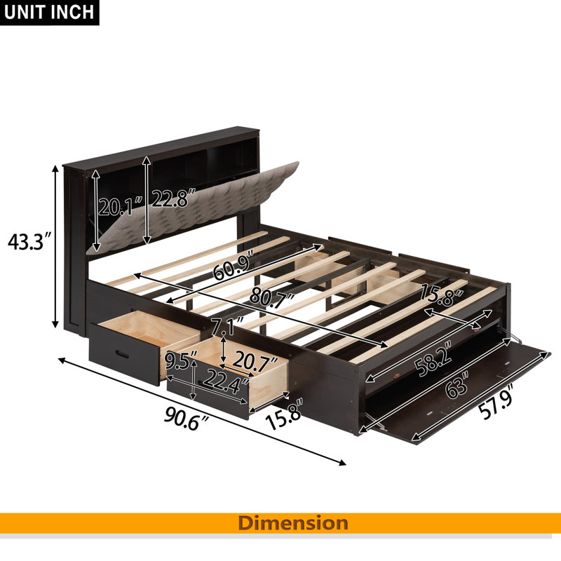 Lit plateforme en bois avec tête de lit, étagère à chaussures et 4 tiroirs, Espresso