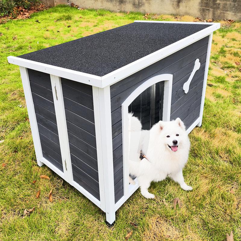 Grande niche pour chien résistante au vent et à l'eau, facile à assembler, bois massif, pour chiens de taille moyenne jusqu'à 70 lb, bois chaud gris, imperméable, bois pour