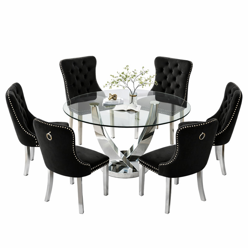 47.2" Round Glass Dining Table Set, Modern Tempered Glass Kitchen Table with 6 Velvet Upholstered Chairs, Silver/Black
