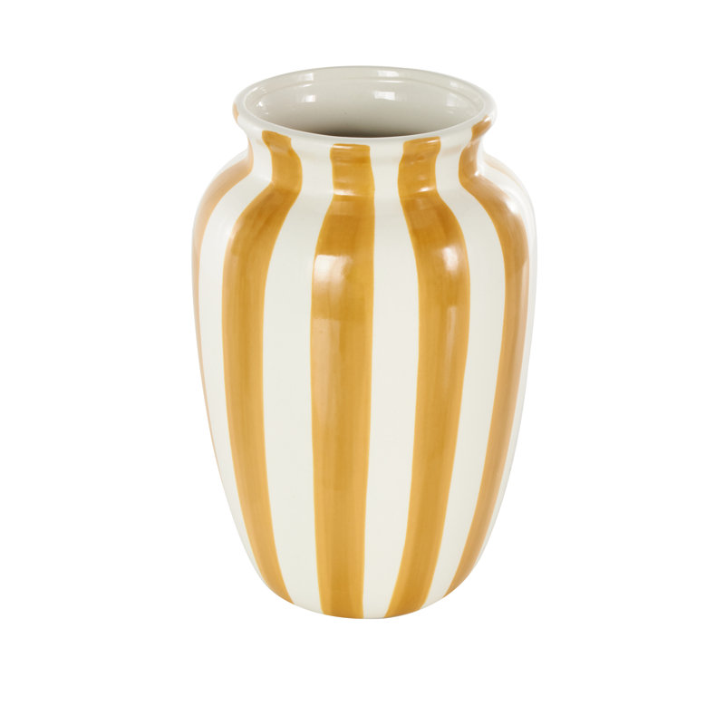 Cole And Grey Ceramic Round Wide Decorative Vase With Teal Vertical Stripes, Yellow