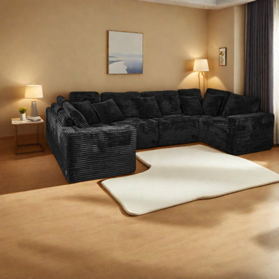 Canapé modulaire confortable en forme de U, en polyester noir, design moderne et spacieux pour la maison