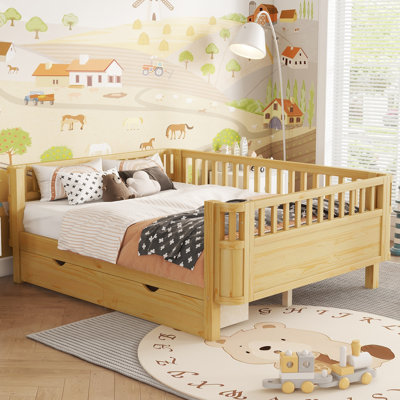 Wood Kids Platform Bed with Safety Rails and Ample Storage