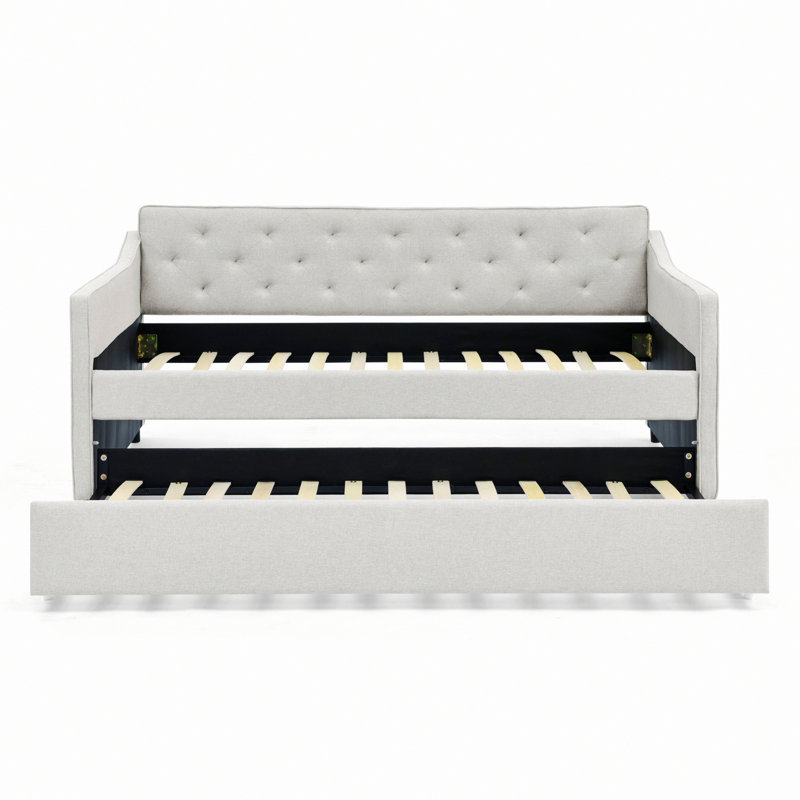 Wooden Frame Bed, Upholstered Daybed With Trundle, Beige