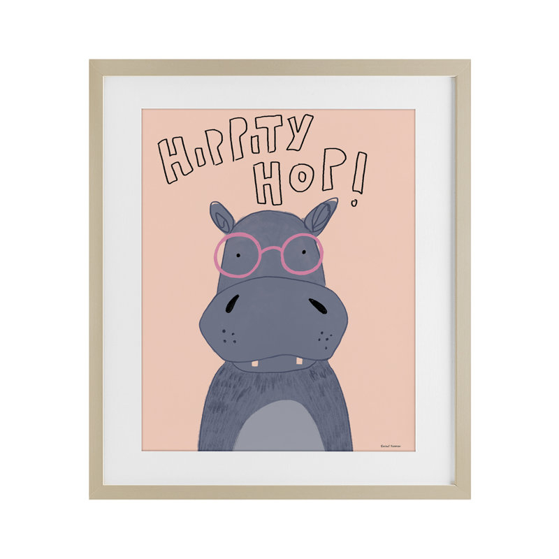 «Hippity Hop Hippo», reproduction d'art sous verre encadrée par Rachel Nieman, H 21 po x l 17 po, Cadre de récolte en pin