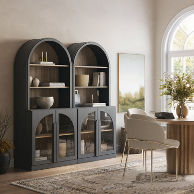 71" Tall Arched Bookshelf with Glass Doors, Set of 2, Ebony