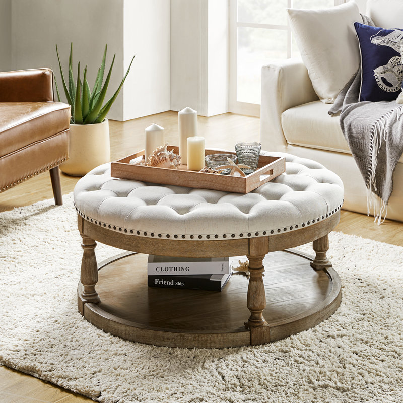 Lynde Kat Button Tufted Storage Ottoman, White Linen
