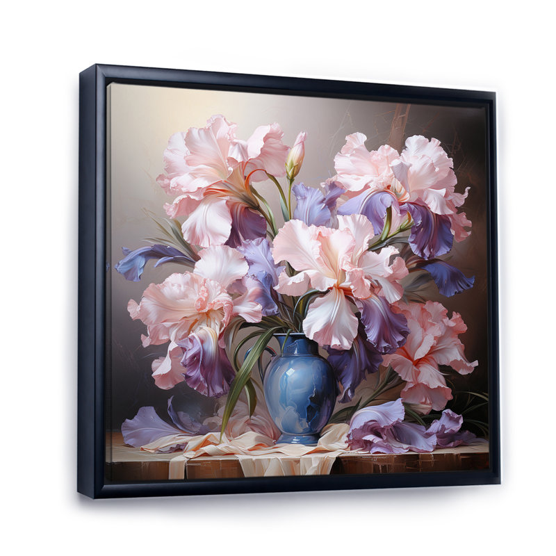 " Pink Purple Irises Romantic Impression III ", 30" H x 30" W x 1" D, Black Floater Framed