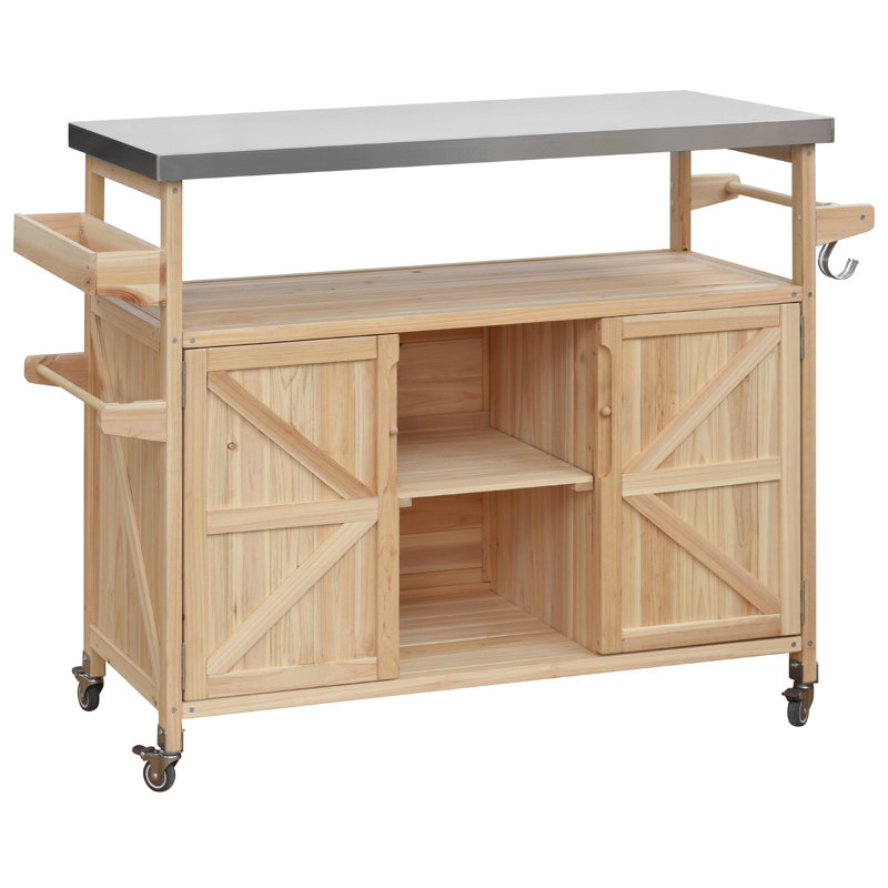 Outdoor Kitchen Island & Rolling Bar Cart, Farmhouse Grill Prep Station with Stainless Steel Top, Natural