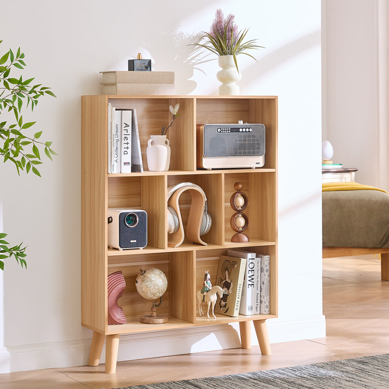 7 Cube Bookshelf, 3 Tier Modern Bookcase With Legs, Wood Cubeicals Organizer Storage Open Shelves, Retro Display Book Shelf, Freestanding Short Book Case For Bedroom,Living Room,Office