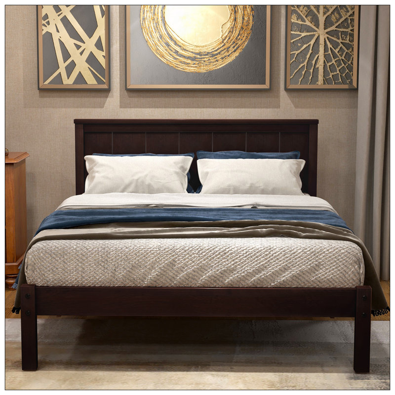 Base de lit plateforme avec tête de lit, support à lattes de bois, aucun sommier requis, Lit simple, Espresso