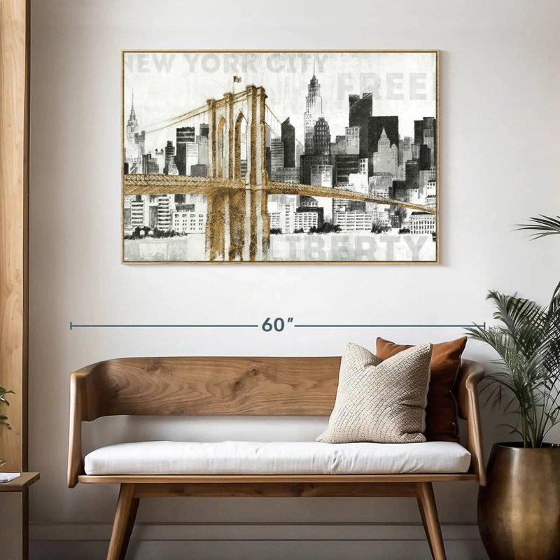 New York Skyline I, Cadre flottant en bois naturel, 46 po x 31 po
