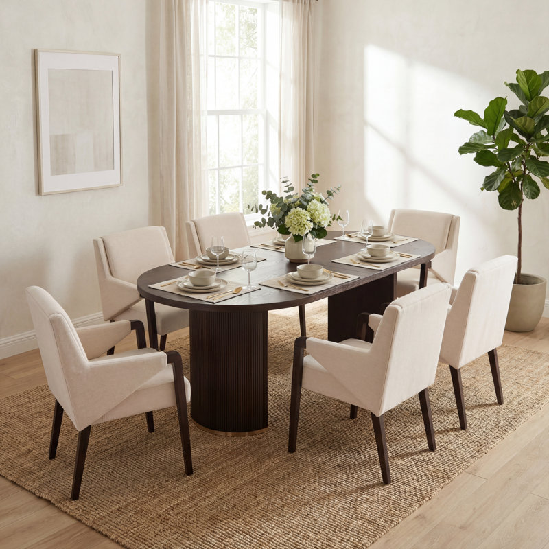 Krisslyn 6-Person Rubberwood Dining Table Set With Upholstered Chairs & Double Pedestal Base, Linen/Dark Walnut, Espresso