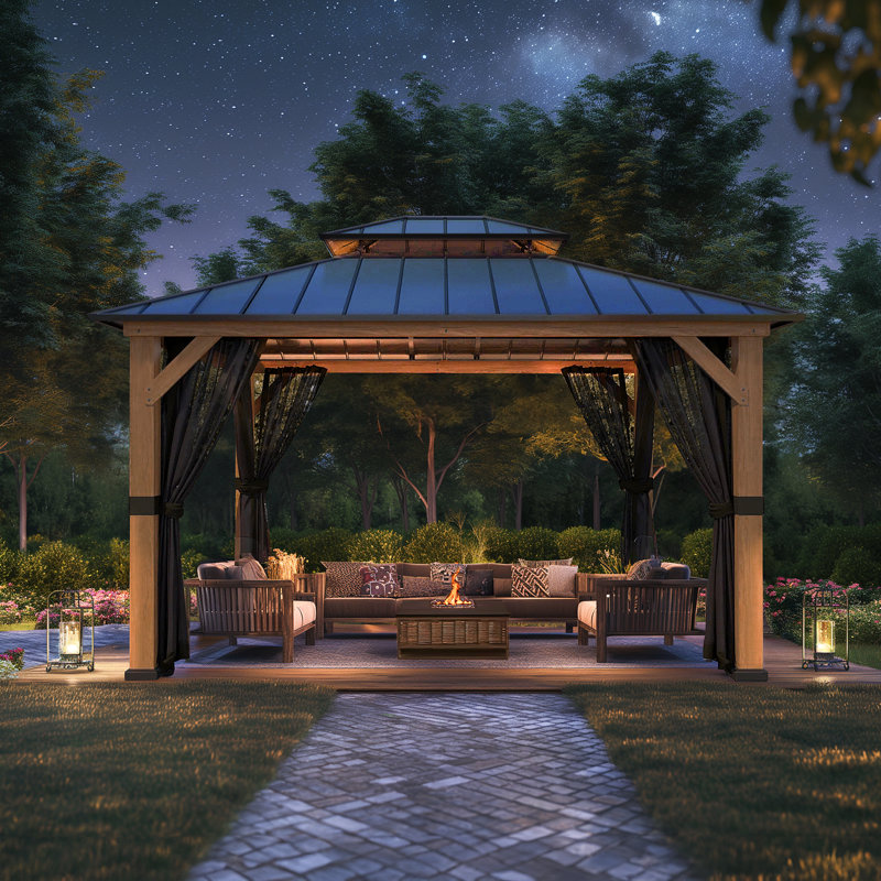 13 pi. L 11 pi. D Pavillon de jardin d'extérieur en acier massif avec toit en bois massif et toit en cèdre avec moustiquaire