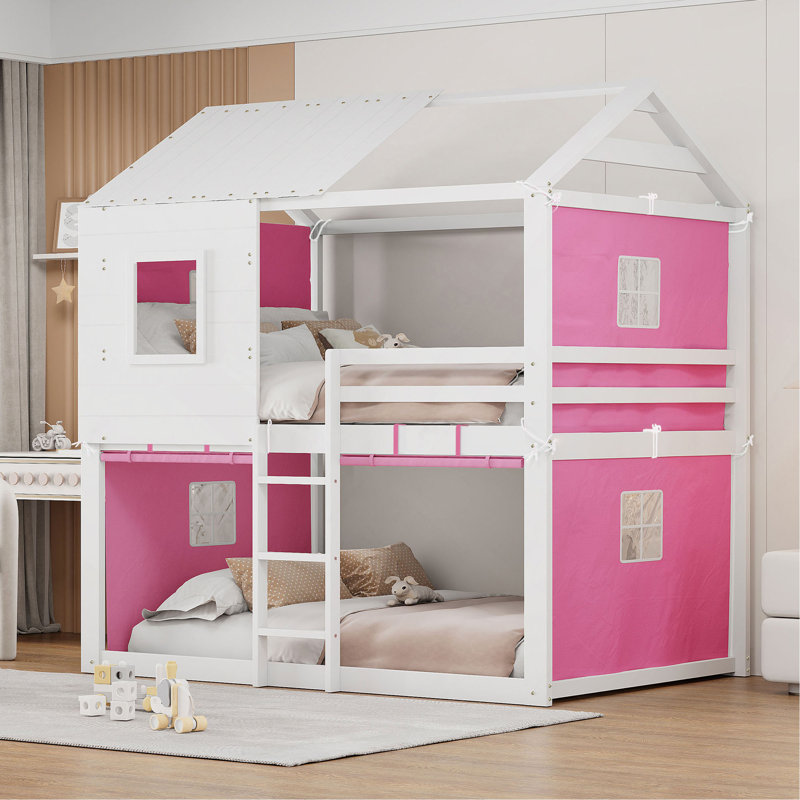Lit superposé en bois avec tente, Lit double , Rose/Blanc