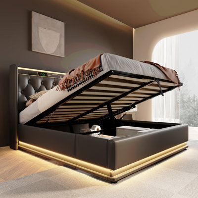Twin Size Upholstered Bed, 360 Surround LED Function, Buttons/Apps/Remote Control, Hydraulic Storage Bed With USB Type-C Charging,Linen (Without Mattress)