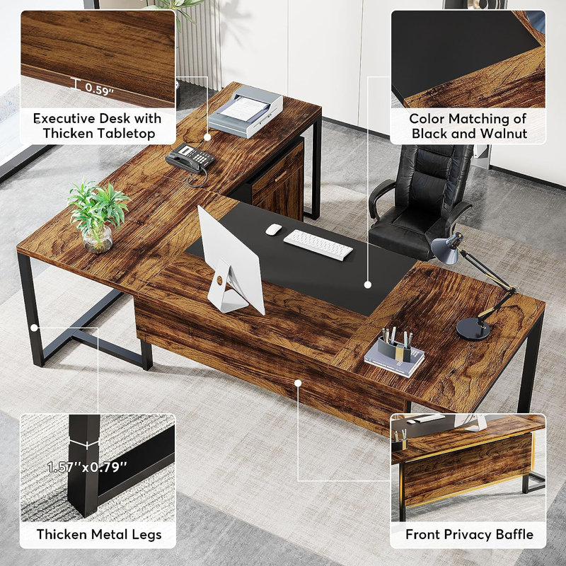Rohima L-Shape Executive Desk with Storage Cabinet, Rustic Brown/Black