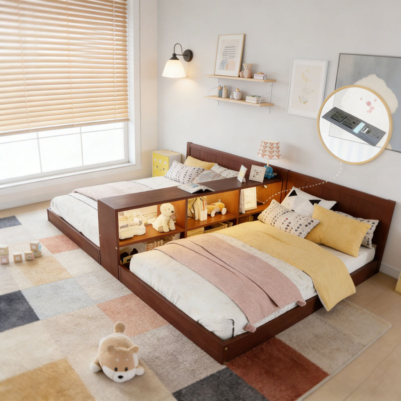 Double Twin Size Bed Frame with Storage,Twin Floor Bed with Light & Charging Station, Espresso