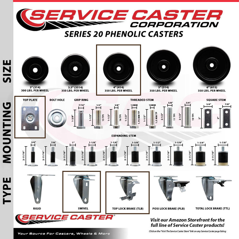 4 Piece Phenolic Top Plate Caster Set