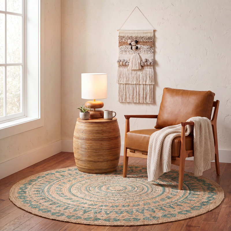 Tapis oriental rond en jute / sisal turquoise / naturel tissé à la main Desouza, Rond 6 pi