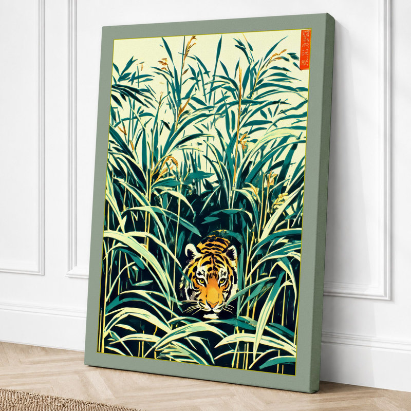 Tiger In Tall Grass Botanical - Print, 24x16 - 61.0 x 40.6 cm, Sage Border