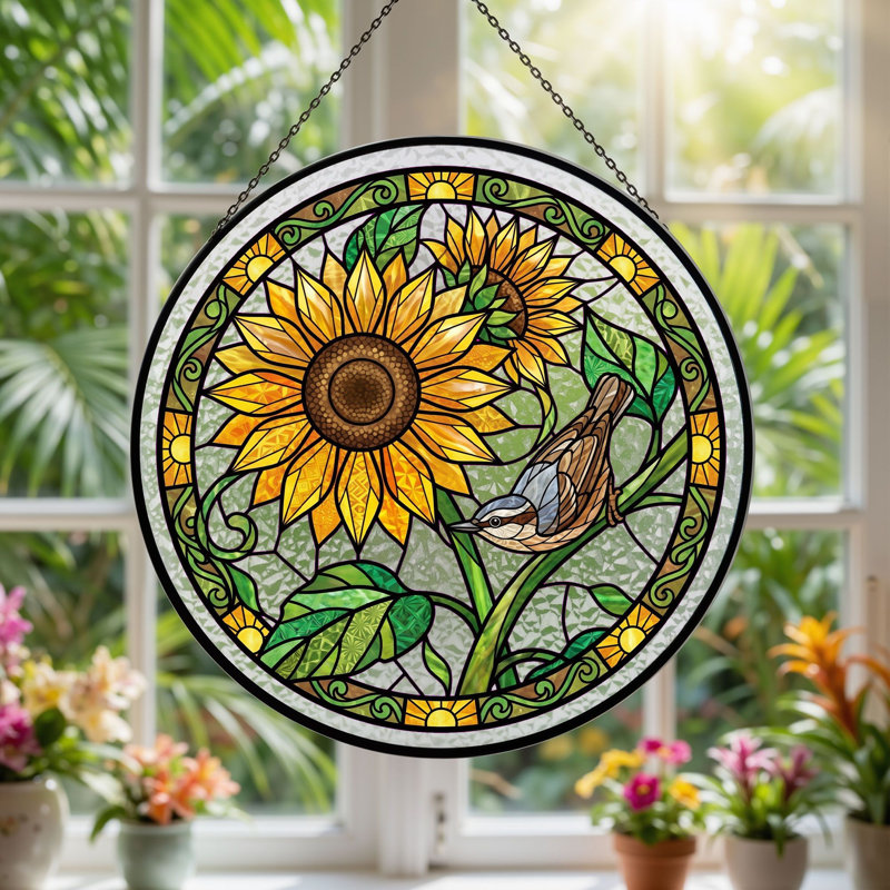 Panneau de vitrail Sunflower Bird, H 7,8 po
