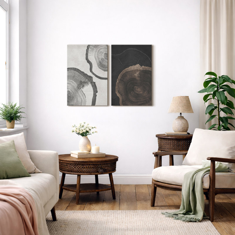 «Tree Ring», souche de bois gris, œuvre d'art neutre, photos de cabane de ferme rustique, ensemble de 2 impressions sur toile encadrées, 16 x 24 x 2, 24 x 36 x 2