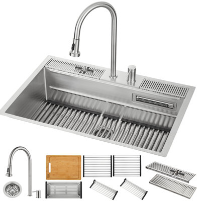FORNO ACQUA 33 in. Drop-In/Undermount 3 Level Workstation Sink with Faucet, Waterfall & Glass Rinser