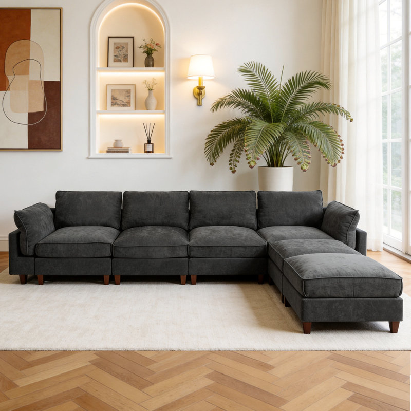 Canapé modulaire en tissu 4 pièces avec 2 repose-pieds, Tissu gris, H 38,1 po x l 160,6 po x P 37,4 po