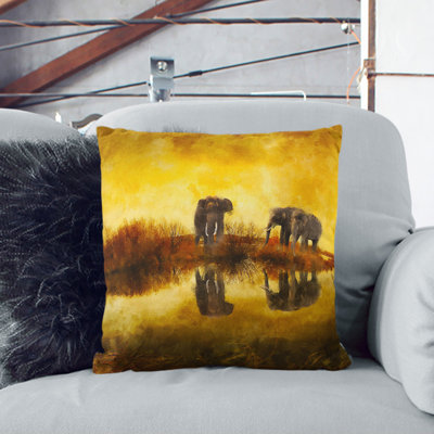 Elephants At Sunset Square Throw Cushion
