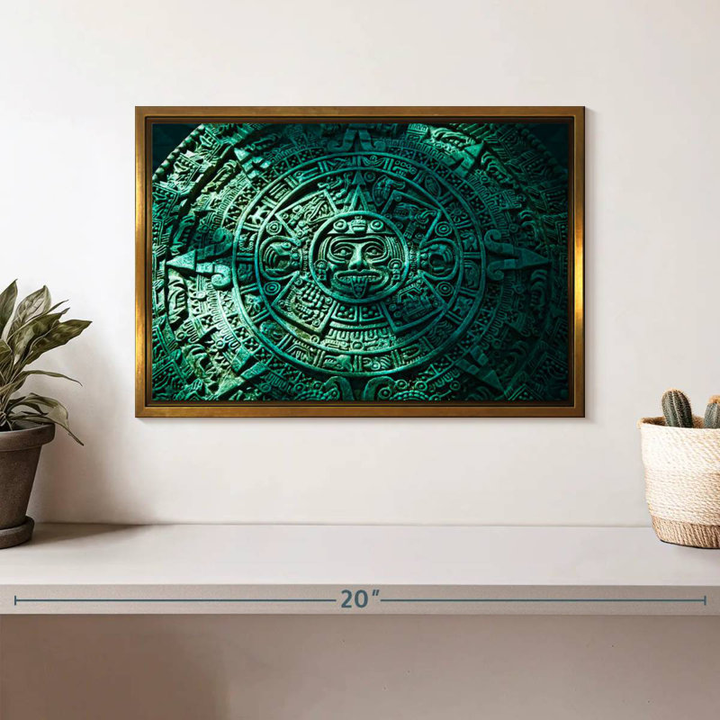 Green Aztec Sun Stone, Floating Frame Gold, 13" X 9"